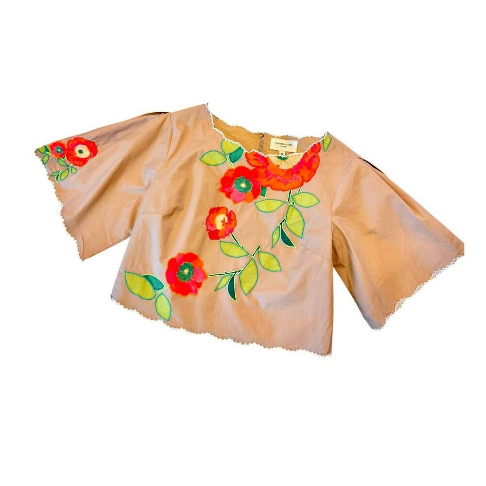 NEW ELIZABETH JAMES THE LABEL women's paloma poppy patch top in iced coffee - Picture 7 of 7